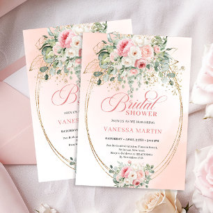 Elegant Blush Roses Bridal Shower Gold Invitation