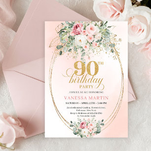 Elegant Blush Roses Gold Boho 90th Birthday Invite