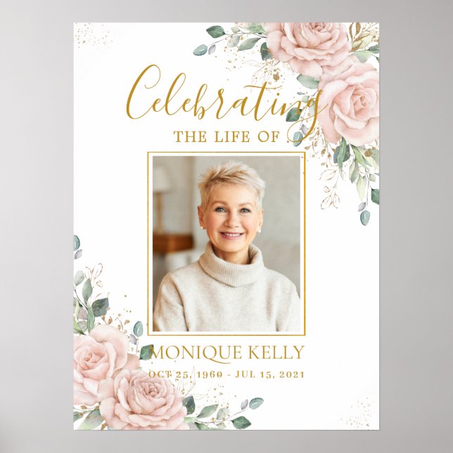 Elegant Blush Roses Picture Funeral Memorial  Poster (Front)