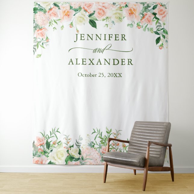 Elegant Blush Roses Wedding Photo Booth Backdrop Tapestry (In Situ)