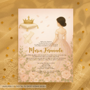 Elegant Blush Royal Quinceañera with Crown & Roses Invitation