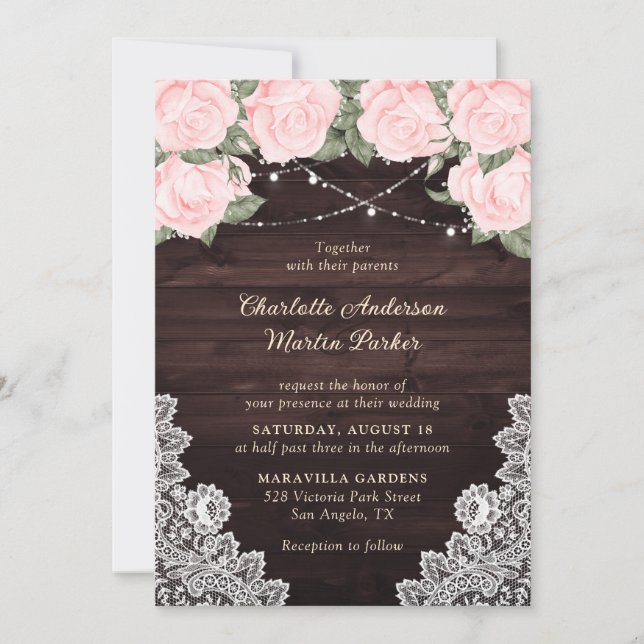 Elegant Blush Rustic Wood Lace Floral Wedding Invitation (Front)