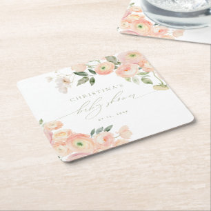Elegant Blush & Sage Green Baby Shower  Square Paper Coaster