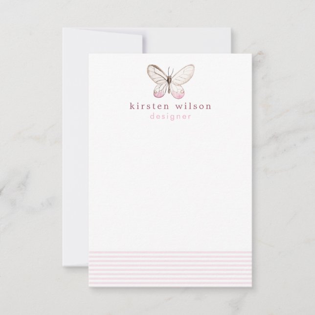Elegant Blush Stripes & Butterfly - Personalized Card (Front)
