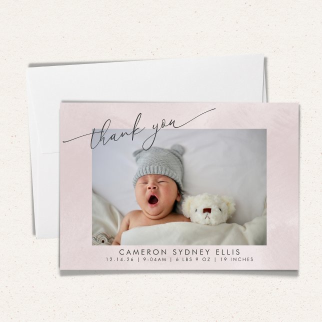 Elegant Blush Texture Script Baby Birth Two Photo Thank You Card (Creator Uploaded)