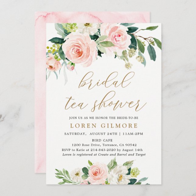 Elegant Blush Watercolor Bridal Tea Shower Invitation (Front/Back)