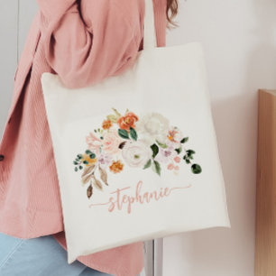 Elegant Blush Watercolor Floral Personalized Name Tote Bag