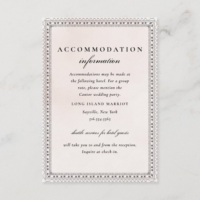 Elegant Blush Watercolor Lace Accommodation Enclosure Card (Front)