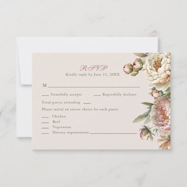 Elegant Blush Watercolor Peonies RSVP Card (Front)