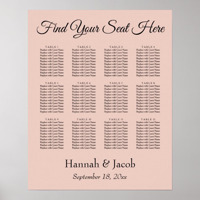 Elegant Blush Wedding Reception Seating Chart (Front)