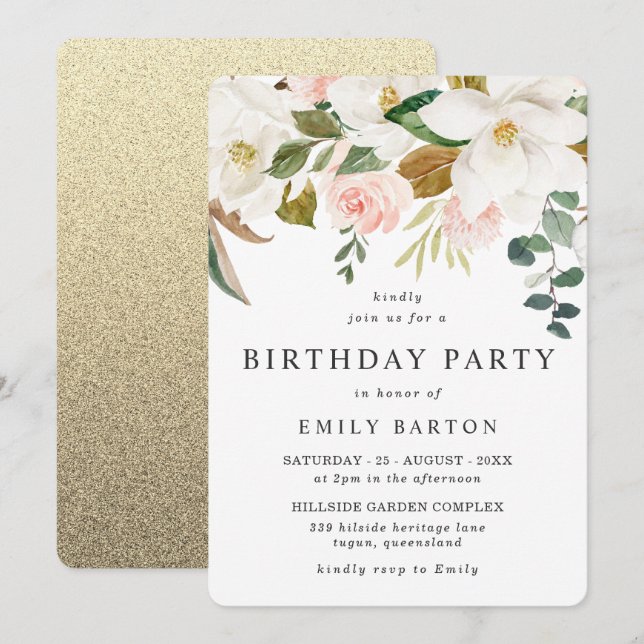 Elegant Blush White Floral All Year Birthday Party Invitation (Front/Back)