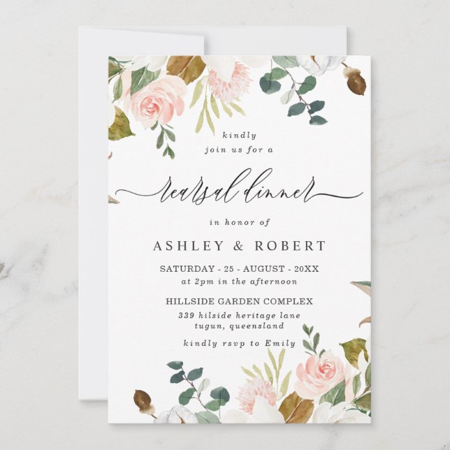 Elegant Blush & White Floral Rehearsal Dinner Invitation (Front)