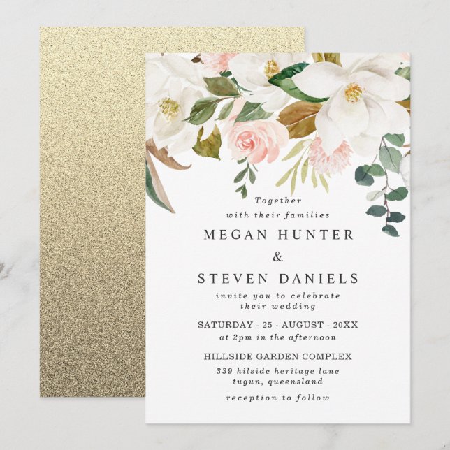 Elegant Blush & White Florals Modern Wedding Invitation (Front/Back)