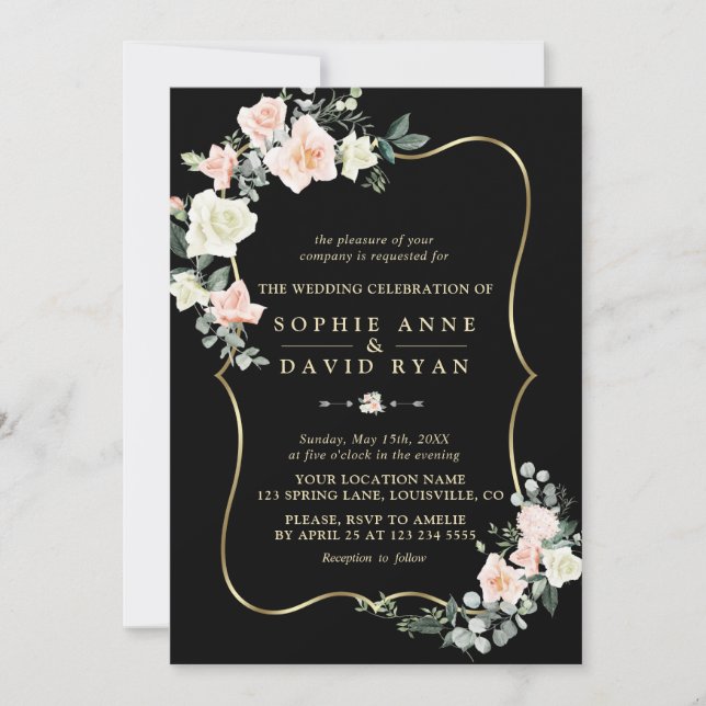 Elegant Blush White Flowers Gold Black Wedding Invitation (Front)