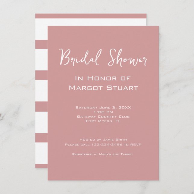 Elegant Blush White Script Stripe Bridal Shower  Invitation (Front/Back)
