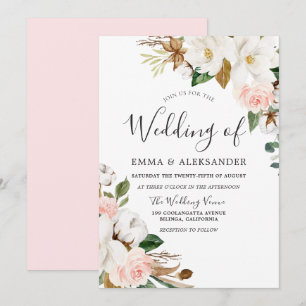 Elegant Blush & White Watercolor Flowers Wedding Invitation