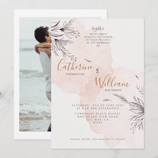 Elegant Blushing Peach Floral Photo Wedding Invitation (Front/Back)