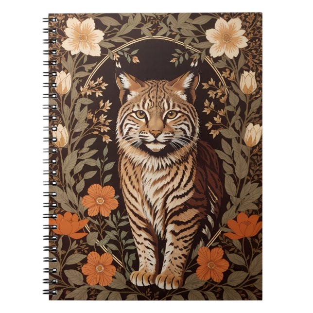 Elegant Bobcat on Brown Floral Background Notebook (Front)