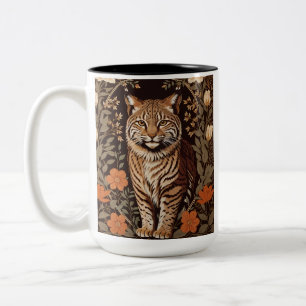 Elegant Bobcat on Brown Floral Background Two-Tone Coffee Mug