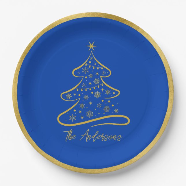 Elegant Boeing Blue Gold Christmas Tree Paper Plate (Front)