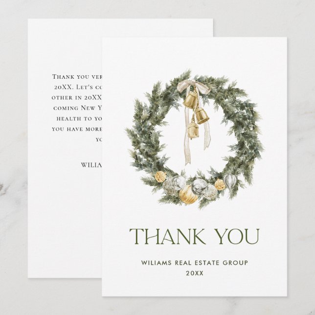 Elegant Bohemian Christmas Pine Wreath Company Thank You Card (Front/Back)