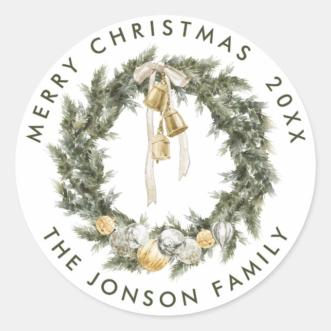 Elegant Bohemian Christmas Wreath Greeting Classic Round Sticker (Front)