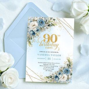 Elegant Bohemian Dusty Blue White Floral 90th Bday Invitation