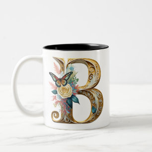 Elegant bohemian floral letter B Two-Tone Coffee Mug