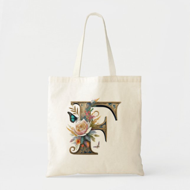 Elegant bohemian floral letter F Tote Bag (Front)