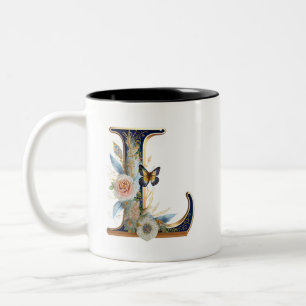 Elegant bohemian floral letter L Two-Tone Coffee Mug
