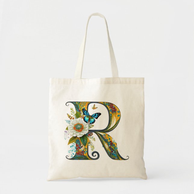 Elegant bohemian floral letter R Tote Bag (Front)
