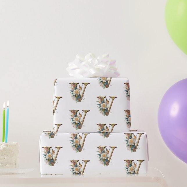 Elegant bohemian floral letter V Wrapping Paper (Party Gifts)