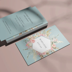 Elegant Bohemian Floral Monogram Blue Business Card