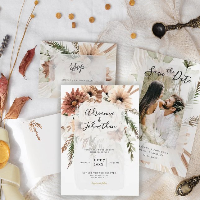 Elegant Bohemian Rustic Floral Pampas Wedding Invitation (Creator Uploaded)
