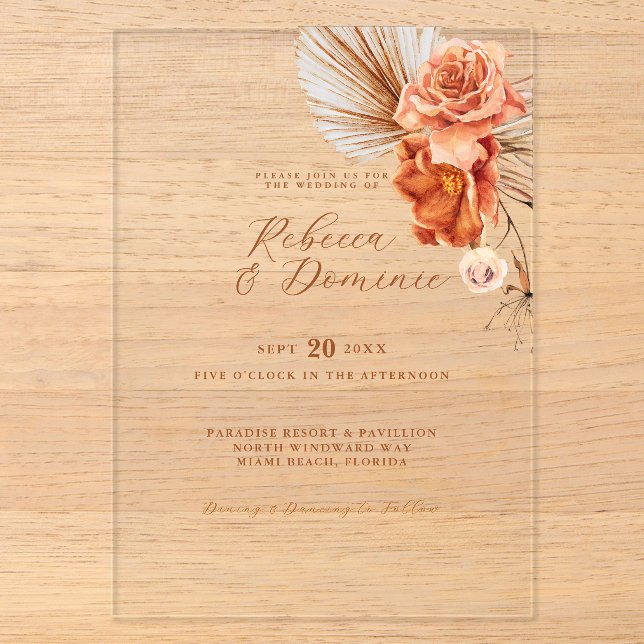 Elegant Bohemian Rustic Floral Wedding Acrylic Invitations (Front)