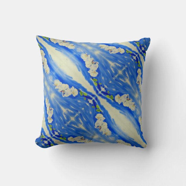 Elegant boho abstract white blue floral  throw pillow (Front)