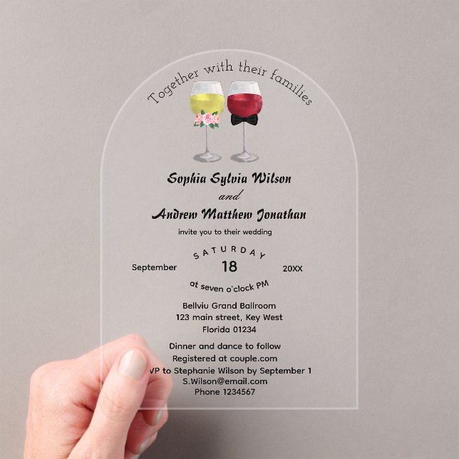 Elegant Boho Arch Couple Wine Wedding Acrylic Invitations (Insitu (Handheld))