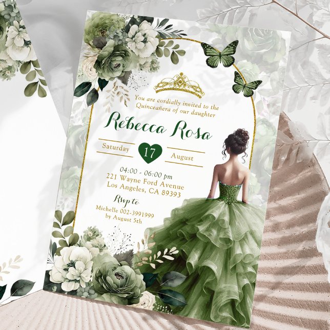 Elegant Boho Arch Sage Green Princess Quinceañera Invitation (Creator Uploaded)