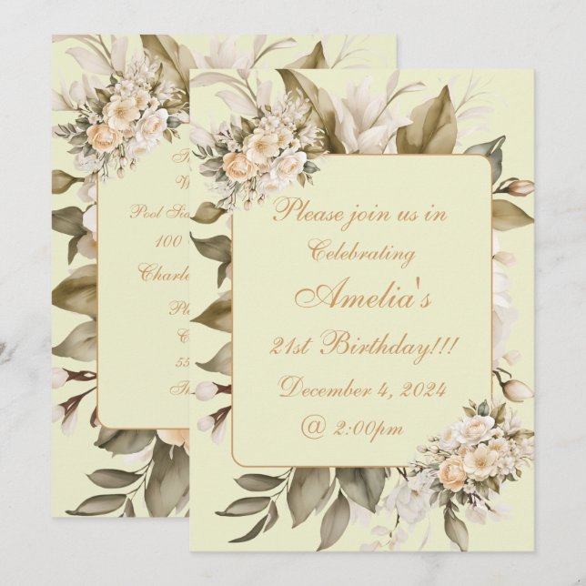 Elégant Boho Beige Floral Invitation Anniversaire (Devant / Derrière)