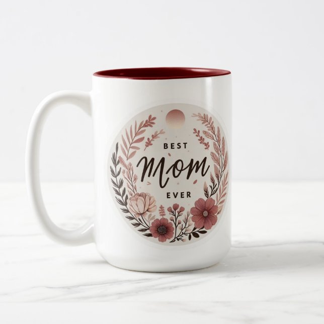 Elegant Boho Best Mom Ever Sticker - Pink Floral W Two-Tone Coffee Mug (Left)