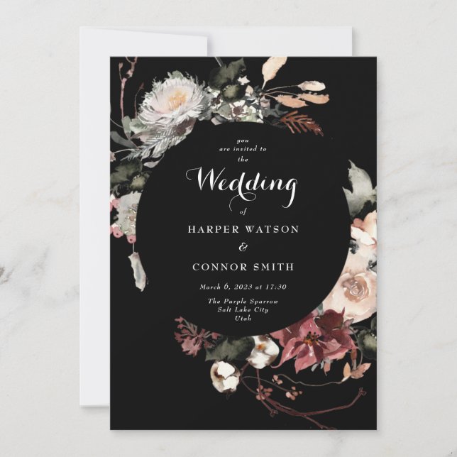 Elegant Boho Black Dried Burgundy Rustic Florals Invitation (Front)