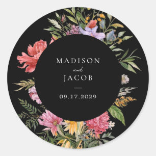 Elegant Boho Black Dutch Floral Wedding Classic Round Sticker