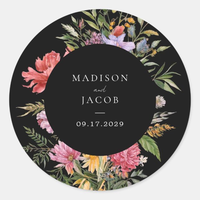 Elegant Boho Black Dutch Floral Wedding Classic Round Sticker (Front)