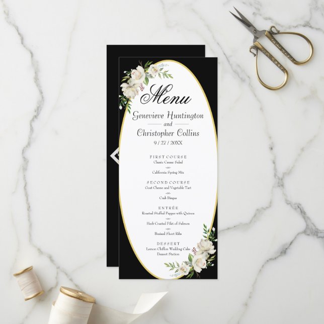 Elegant Boho Black Floral Wedding Menu (Front/Back In Situ)