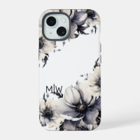 Elegant Boho Black White Floral Monogram