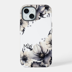 Elegant Boho Black White Floral Monogram iPhone 15 Case