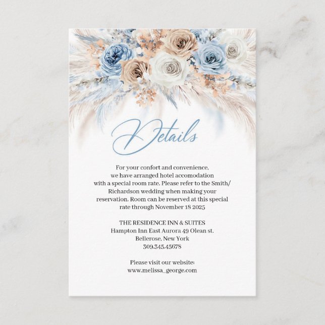 Elegant boho blue floral and ivory roses pampas enclosure card (Front)