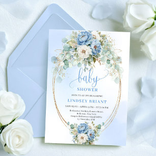 Elegant Boho Blue Floral Greenery Gold Baby Shower Invitation