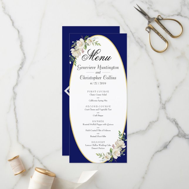 Elégant Boho Blue Floral Wedding Accueil Menu (Devant/Arrière en situation)