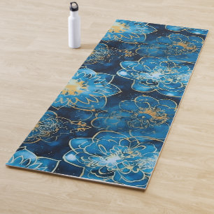 Elegant Boho Blue Gold Floral Mandala Yoga Mat